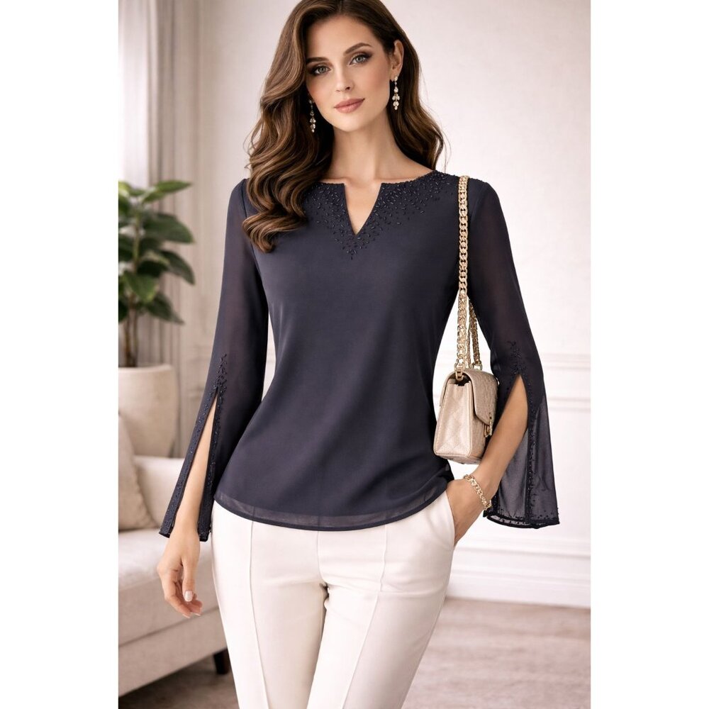 Silent Luxury J.R. Nites Embellished Sheer Sleeve Blouse | Old Money Elegance|10